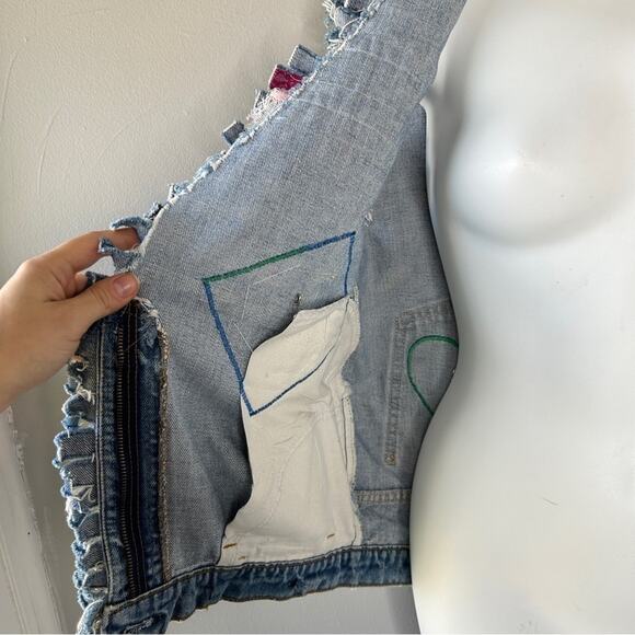 HANDMADE Vintage OOAK Upcycled Funky Unique Denim Vest Tassle Beaded Lace Fringe - Picture 6 of 11
